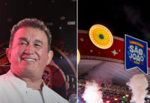 Parte da estrutura do palco do São João de Itapetinga desaba durante show de Amado Batista e causa susto no público